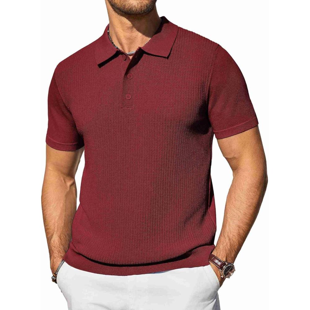imageCOOFANDY Mens Knit Polo Shirts Short Sleeve Casual Button Down Shirts Vintage Collared Golf ShirtsWine Red