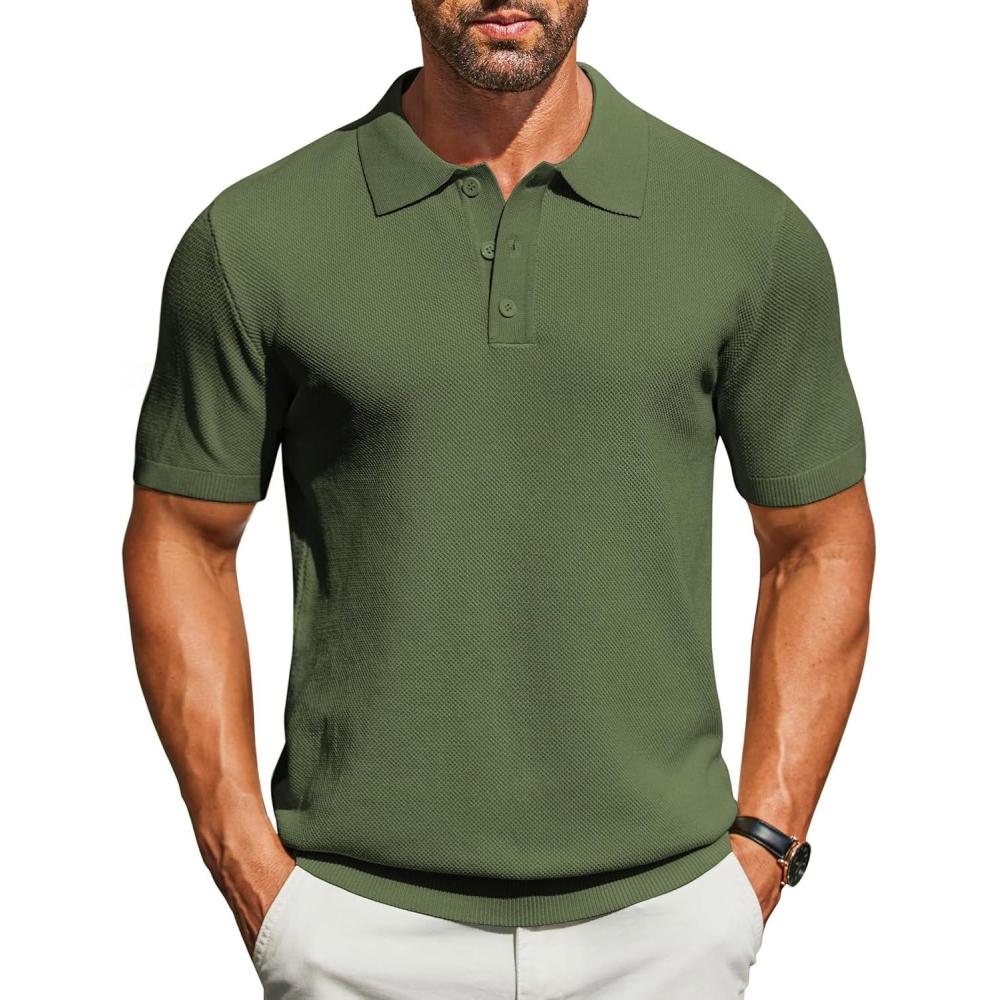 imageCOOFANDY Mens Knit Polo Shirts Short Sleeve Classic Fit Shirts Casual Goft Collared Textured T ShirtArmy Green