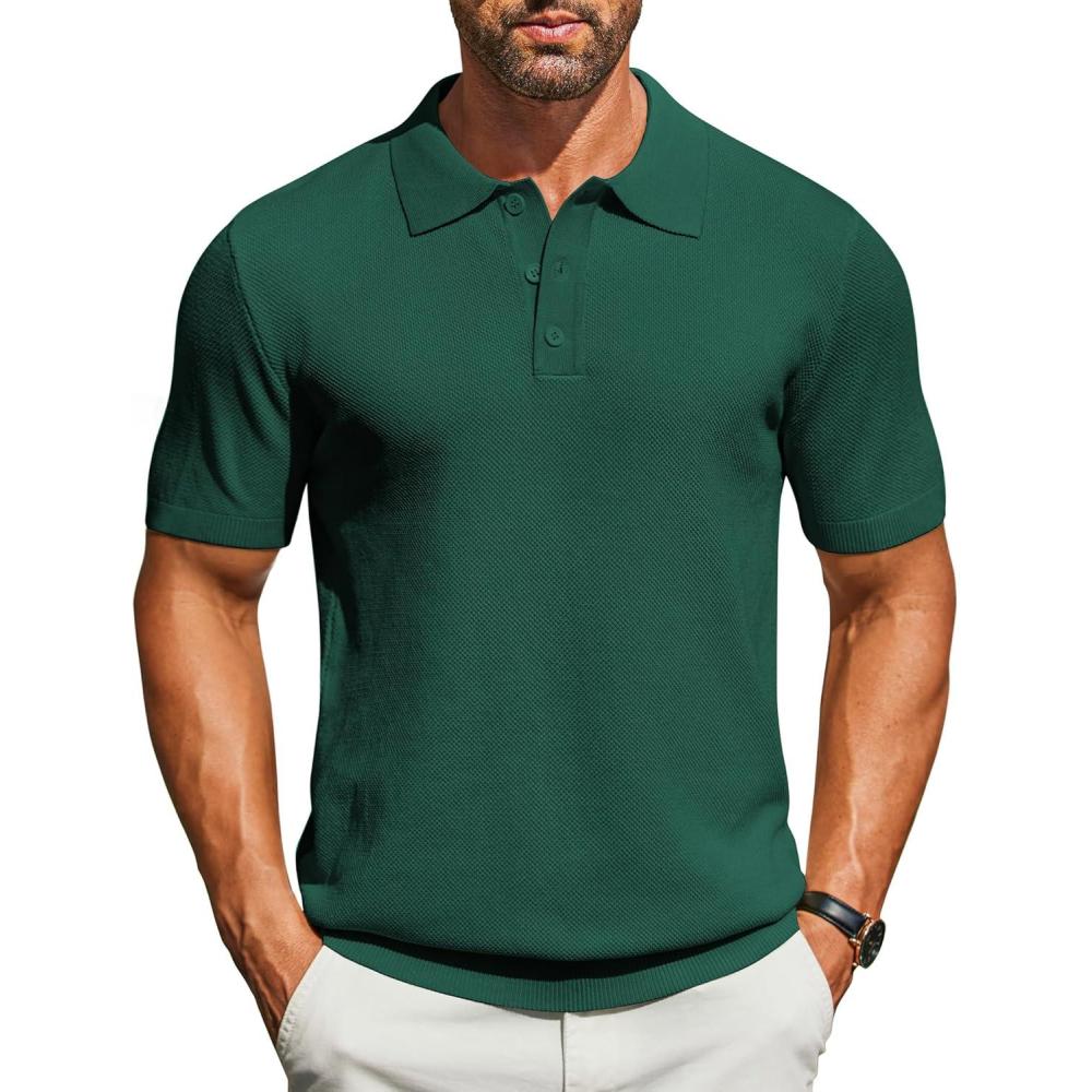 imageCOOFANDY Mens Knit Polo Shirts Short Sleeve Classic Fit Shirts Casual Goft Collared Textured T ShirtDark Green