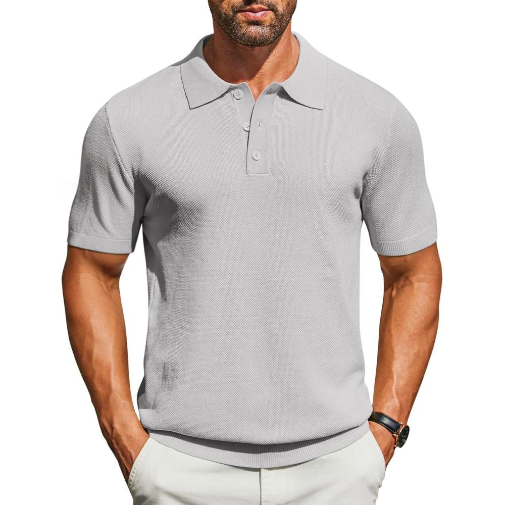 imageCOOFANDY Mens Knit Polo Shirts Short Sleeve Classic Fit Shirts Casual Goft Collared Textured T ShirtGrey