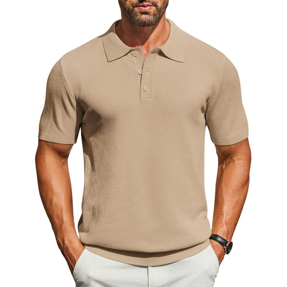 imageCOOFANDY Mens Knit Polo Shirts Short Sleeve Classic Fit Shirts Casual Goft Collared Textured T ShirtKhaki