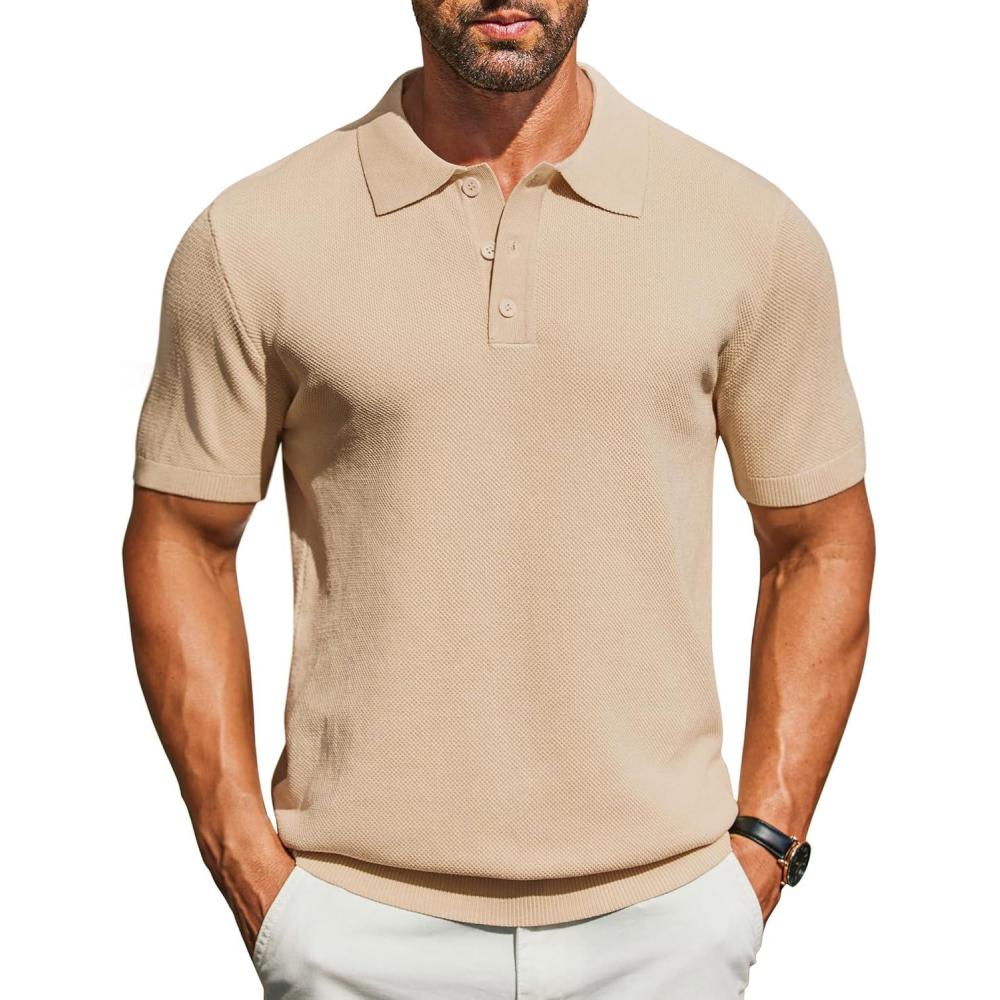 imageCOOFANDY Mens Knit Polo Shirts Short Sleeve Classic Fit Shirts Casual Goft Collared Textured T ShirtLight Khaki
