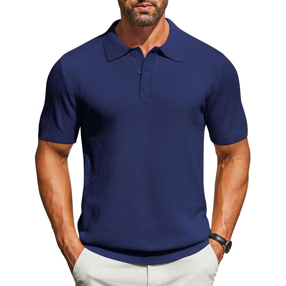 imageCOOFANDY Mens Knit Polo Shirts Short Sleeve Classic Fit Shirts Casual Goft Collared Textured T ShirtNavy Blue