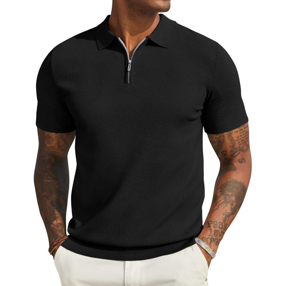 imageCOOFANDY Mens Zipper Polo Shirts Short Sleeve Casual Knit Polo Shirts Lightweight Golf ShirtBlack