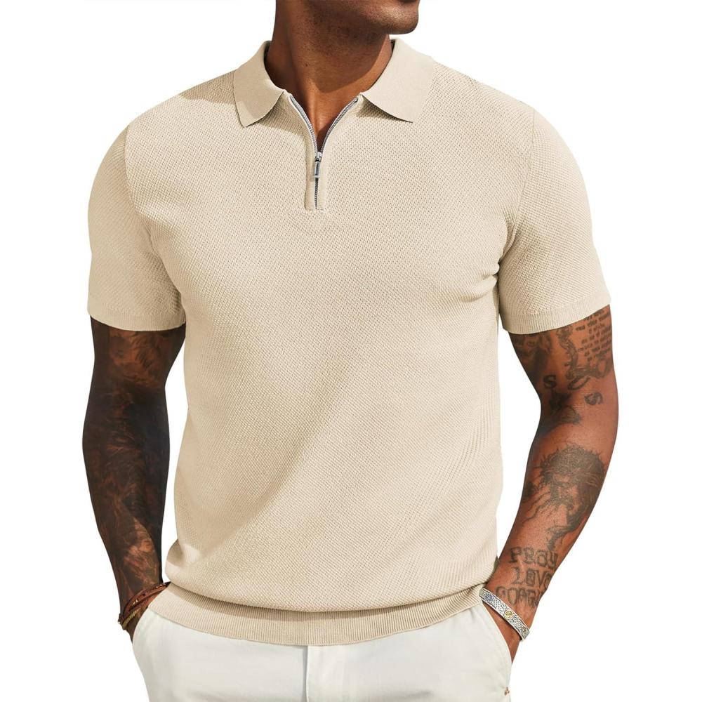 imageCOOFANDY Mens Zipper Polo Shirts Short Sleeve Casual Knit Polo Shirts Lightweight Golf ShirtKhaki