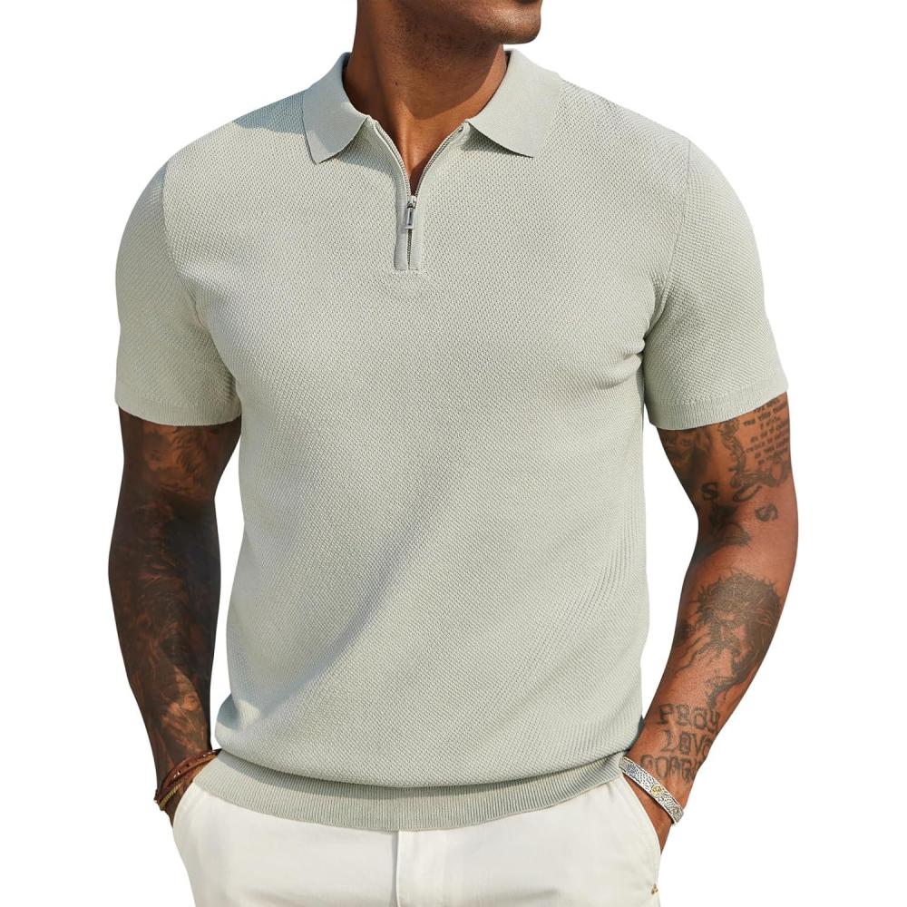 imageCOOFANDY Mens Zipper Polo Shirts Short Sleeve Casual Knit Polo Shirts Lightweight Golf ShirtLight Green