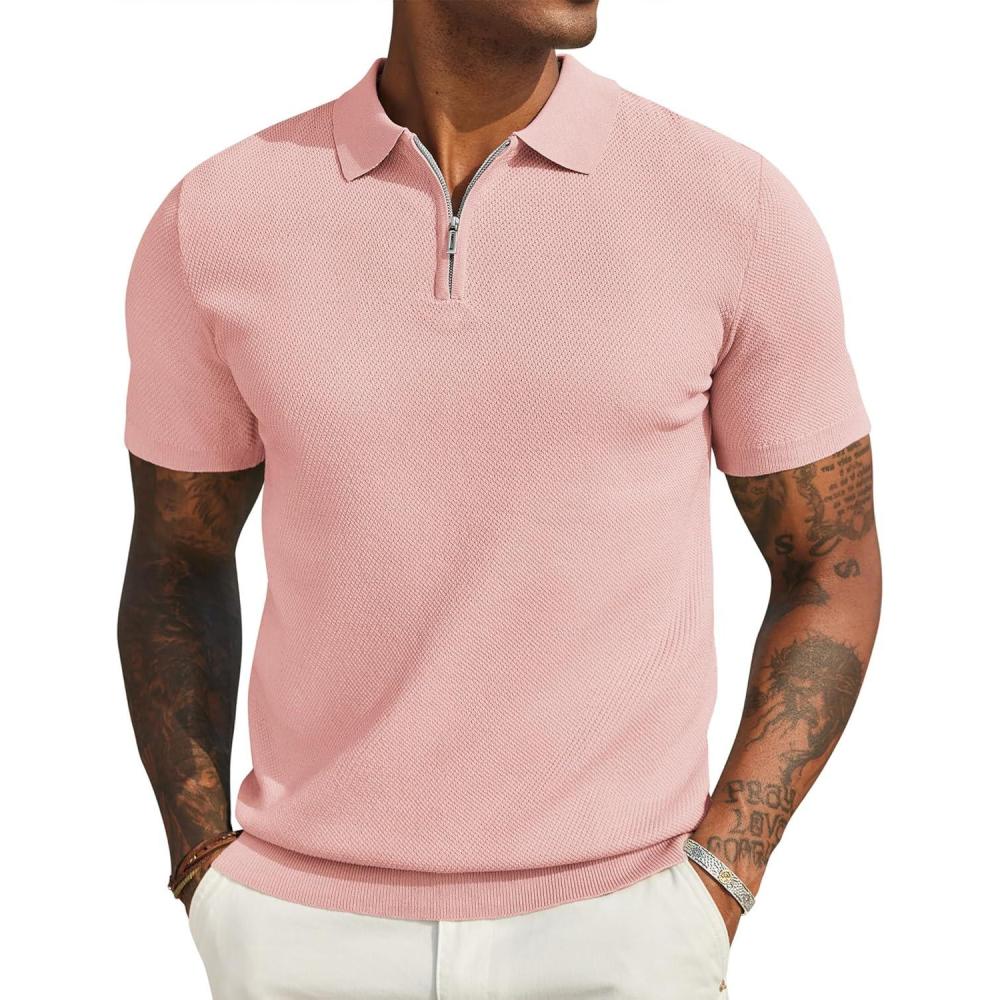 imageCOOFANDY Mens Zipper Polo Shirts Short Sleeve Casual Knit Polo Shirts Lightweight Golf ShirtPink