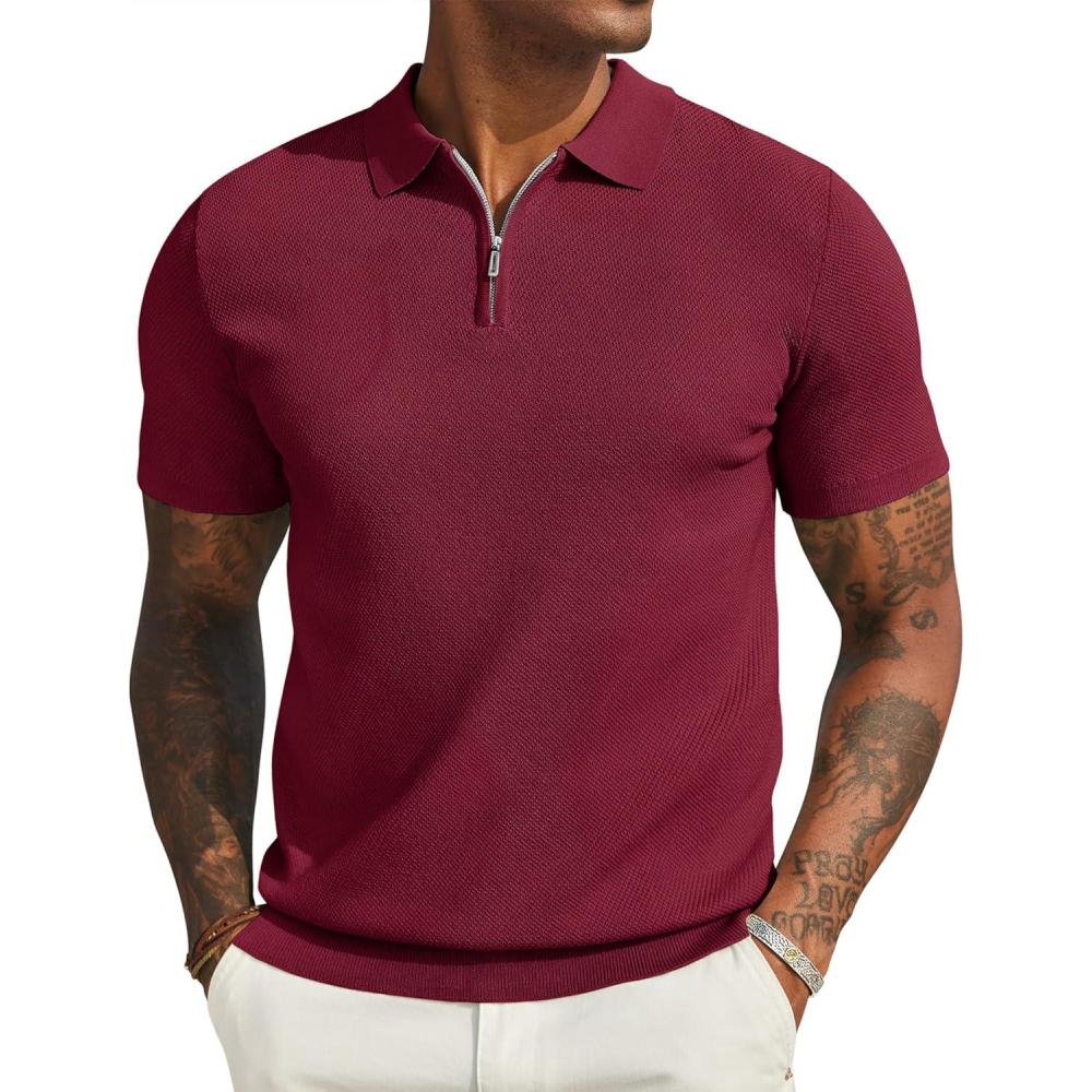 imageCOOFANDY Mens Zipper Polo Shirts Short Sleeve Casual Knit Polo Shirts Lightweight Golf ShirtWine Red