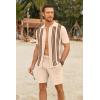 imageCOOFANDY Mens 2 Piece Outfits Knit Button Down Shirt Vintage Short Sleeve Polo Shirts Summer Casual Beach Shorts SetsLight Khaki
