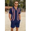imageCOOFANDY Mens 2 Piece Outfits Knit Button Down Shirt Vintage Short Sleeve Polo Shirts Summer Casual Beach Shorts SetsNavy Blue