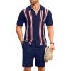 imageCOOFANDY Mens 2 Piece Outfits Knit Button Down Shirt Vintage Short Sleeve Polo Shirts Summer Casual Beach Shorts SetsNavy Blue