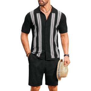 imageCOOFANDY Mens 2 Piece Outfits Knit Button Down Shirt Vintage Short Sleeve Polo Shirts Summer Casual Beach Shorts SetsBlack