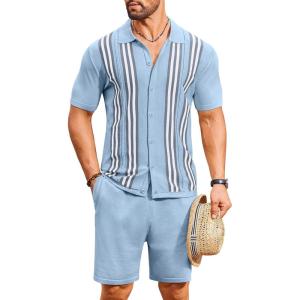imageCOOFANDY Mens 2 Piece Outfits Knit Button Down Shirt Vintage Short Sleeve Polo Shirts Summer Casual Beach Shorts SetsBlue