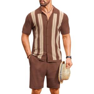 imageCOOFANDY Mens 2 Piece Outfits Knit Button Down Shirt Vintage Short Sleeve Polo Shirts Summer Casual Beach Shorts SetsBrown
