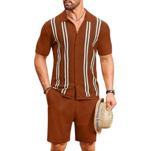 imageCOOFANDY Mens 2 Piece Outfits Knit Button Down Shirt Vintage Short Sleeve Polo Shirts Summer Casual Beach Shorts SetsCaramel