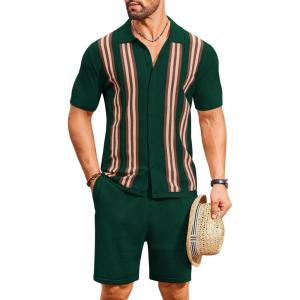 imageCOOFANDY Mens 2 Piece Outfits Knit Button Down Shirt Vintage Short Sleeve Polo Shirts Summer Casual Beach Shorts SetsDark Green