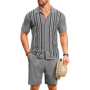 imageCOOFANDY Mens 2 Piece Outfits Knit Button Down Shirt Vintage Short Sleeve Polo Shirts Summer Casual Beach Shorts SetsGrey