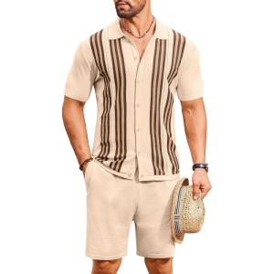imageCOOFANDY Mens 2 Piece Outfits Knit Button Down Shirt Vintage Short Sleeve Polo Shirts Summer Casual Beach Shorts SetsLight Khaki