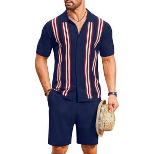 imageCOOFANDY Mens 2 Piece Outfits Knit Button Down Shirt Vintage Short Sleeve Polo Shirts Summer Casual Beach Shorts SetsNavy Blue
