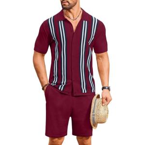 imageCOOFANDY Mens 2 Piece Outfits Knit Button Down Shirt Vintage Short Sleeve Polo Shirts Summer Casual Beach Shorts SetsWine Red