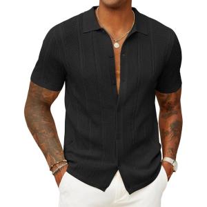 imageCOOFANDY Mens Knit Button Down Shirts Casual Textured Polo Shirt Short Sleeve Vintage Summer Beach TopsBlack