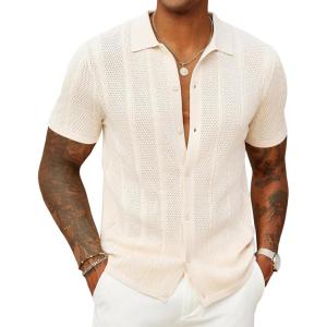 imageCOOFANDY Mens Knit Button Down Shirts Casual Textured Polo Shirt Short Sleeve Vintage Summer Beach TopsCream