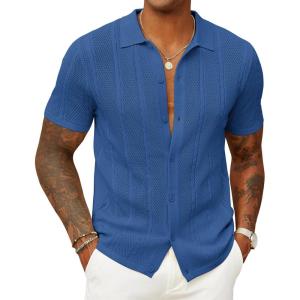 imageCOOFANDY Mens Knit Button Down Shirts Casual Textured Polo Shirt Short Sleeve Vintage Summer Beach TopsDeep Blue