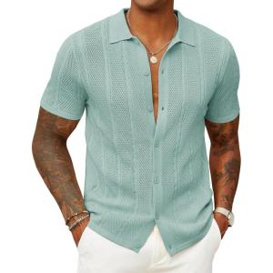 imageCOOFANDY Mens Knit Button Down Shirts Casual Textured Polo Shirt Short Sleeve Vintage Summer Beach TopsIce Green