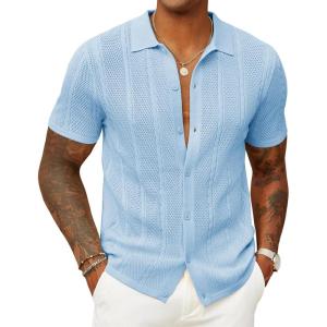 imageCOOFANDY Mens Knit Button Down Shirts Casual Textured Polo Shirt Short Sleeve Vintage Summer Beach TopsLight Blue