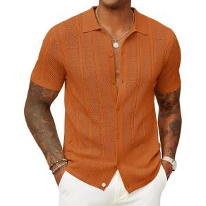 imageCOOFANDY Mens Knit Button Down Shirts Casual Textured Polo Shirt Short Sleeve Vintage Summer Beach TopsLight Brown