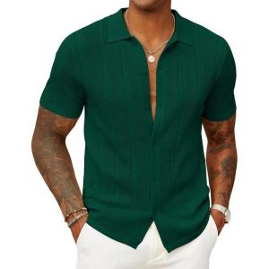 imageCOOFANDY Mens Knit Button Down Shirts Casual Textured Polo Shirt Short Sleeve Vintage Summer Beach TopsLight Grey