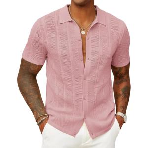 imageCOOFANDY Mens Knit Button Down Shirts Casual Textured Polo Shirt Short Sleeve Vintage Summer Beach TopsLight Pink