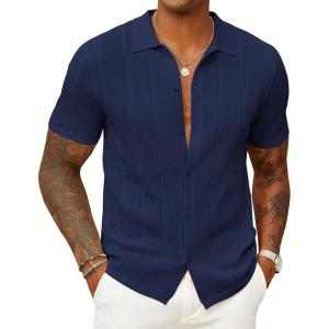 imageCOOFANDY Mens Knit Button Down Shirts Casual Textured Polo Shirt Short Sleeve Vintage Summer Beach TopsNavy Blue