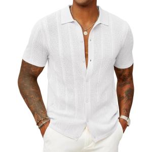 imageCOOFANDY Mens Knit Button Down Shirts Casual Textured Polo Shirt Short Sleeve Vintage Summer Beach TopsWhite