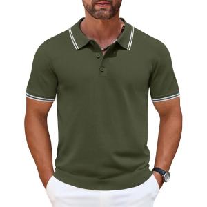 imageCOOFANDY Mens Knit Polo Shirts Casual Short Sleeve Button Down Golf Polo Shirts Vintage Collared T ShirtArmy Green