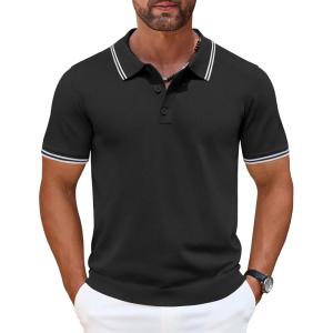 imageCOOFANDY Mens Knit Polo Shirts Casual Short Sleeve Button Down Golf Polo Shirts Vintage Collared T ShirtBlack