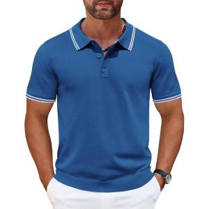 imageCOOFANDY Mens Knit Polo Shirts Casual Short Sleeve Button Down Golf Polo Shirts Vintage Collared T ShirtBlue