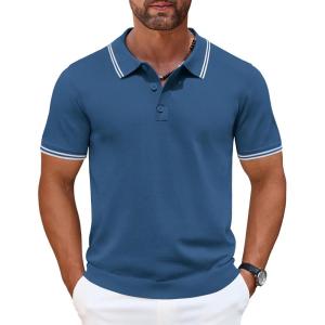 imageCOOFANDY Mens Knit Polo Shirts Casual Short Sleeve Button Down Golf Polo Shirts Vintage Collared T ShirtDark Blue