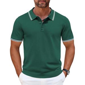 imageCOOFANDY Mens Knit Polo Shirts Casual Short Sleeve Button Down Golf Polo Shirts Vintage Collared T ShirtGreen