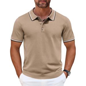 imageCOOFANDY Mens Knit Polo Shirts Casual Short Sleeve Button Down Golf Polo Shirts Vintage Collared T ShirtKhaki