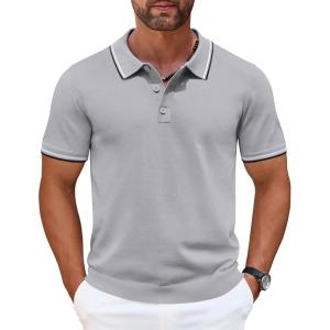 imageCOOFANDY Mens Knit Polo Shirts Casual Short Sleeve Button Down Golf Polo Shirts Vintage Collared T ShirtLight Gray