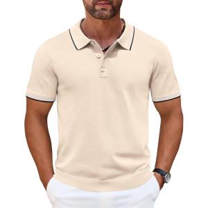 imageCOOFANDY Mens Knit Polo Shirts Casual Short Sleeve Button Down Golf Polo Shirts Vintage Collared T ShirtLight Khaki