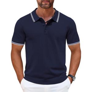 imageCOOFANDY Mens Knit Polo Shirts Casual Short Sleeve Button Down Golf Polo Shirts Vintage Collared T ShirtNavy Blue