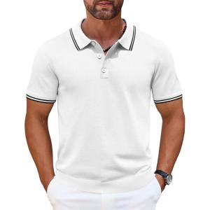 imageCOOFANDY Mens Knit Polo Shirts Casual Short Sleeve Button Down Golf Polo Shirts Vintage Collared T ShirtWhite