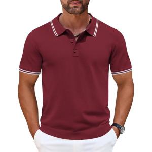 imageCOOFANDY Mens Knit Polo Shirts Casual Short Sleeve Button Down Golf Polo Shirts Vintage Collared T ShirtWine Red