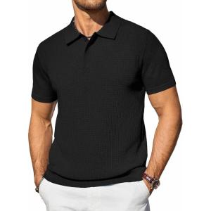 imageCOOFANDY Mens Knit Polo Shirts Short Sleeve Casual Button Down Shirts Vintage Collared Golf ShirtsBlack