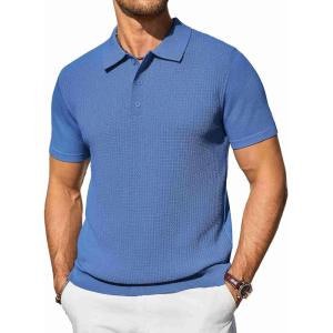 imageCOOFANDY Mens Knit Polo Shirts Short Sleeve Casual Button Down Shirts Vintage Collared Golf ShirtsBlue