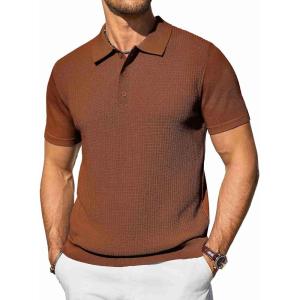 imageCOOFANDY Mens Knit Polo Shirts Short Sleeve Casual Button Down Shirts Vintage Collared Golf ShirtsBrown