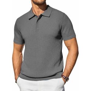 imageCOOFANDY Mens Knit Polo Shirts Short Sleeve Casual Button Down Shirts Vintage Collared Golf ShirtsDark Gray