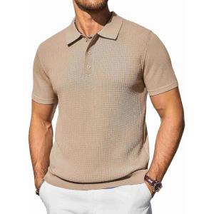 imageCOOFANDY Mens Knit Polo Shirts Short Sleeve Casual Button Down Shirts Vintage Collared Golf ShirtsKhaki